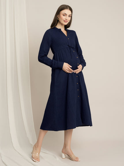 Maternity Denim Gauze Button-Down Midi Dress