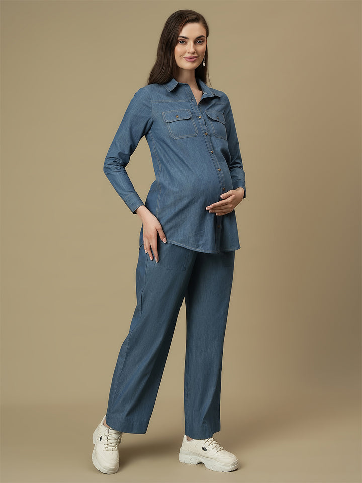 Maternity Denim Shirt with Wide-leg Jeans Co-ord Set