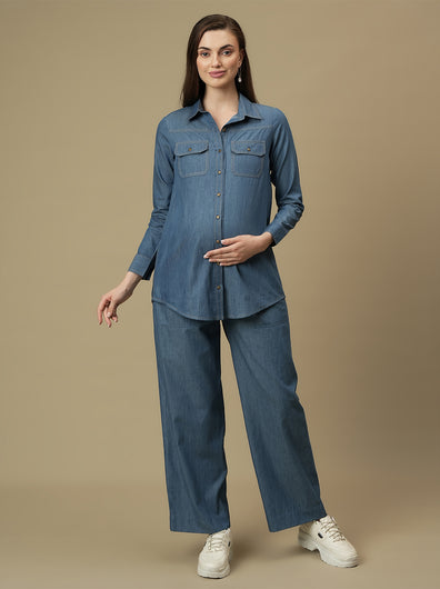 Maternity Denim Shirt with Wide-leg Jeans Co-ord Set
