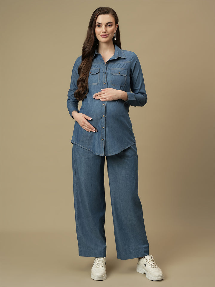 Maternity Denim Shirt with Wide-leg Jeans Co-ord Set