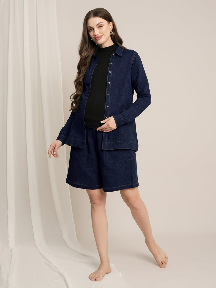 Maternity Denim Gauze Shirt & Shorts Co-ord Set