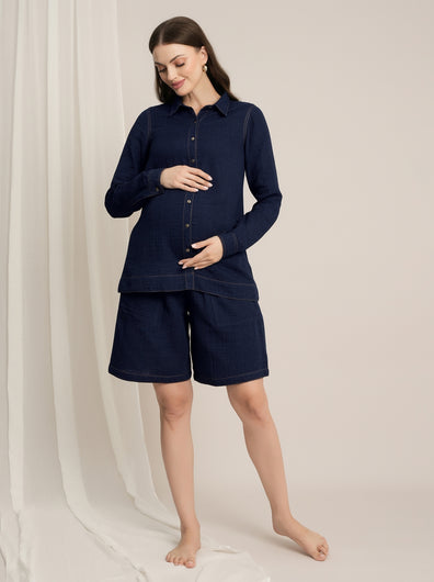 Maternity Denim Gauze Shirt & Shorts Co-ord Set