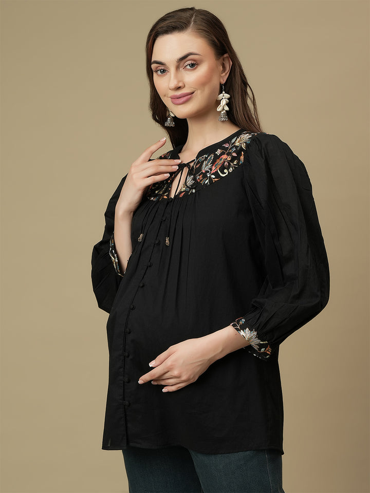 Maternity Embroidered Black Cotton Tunic Top