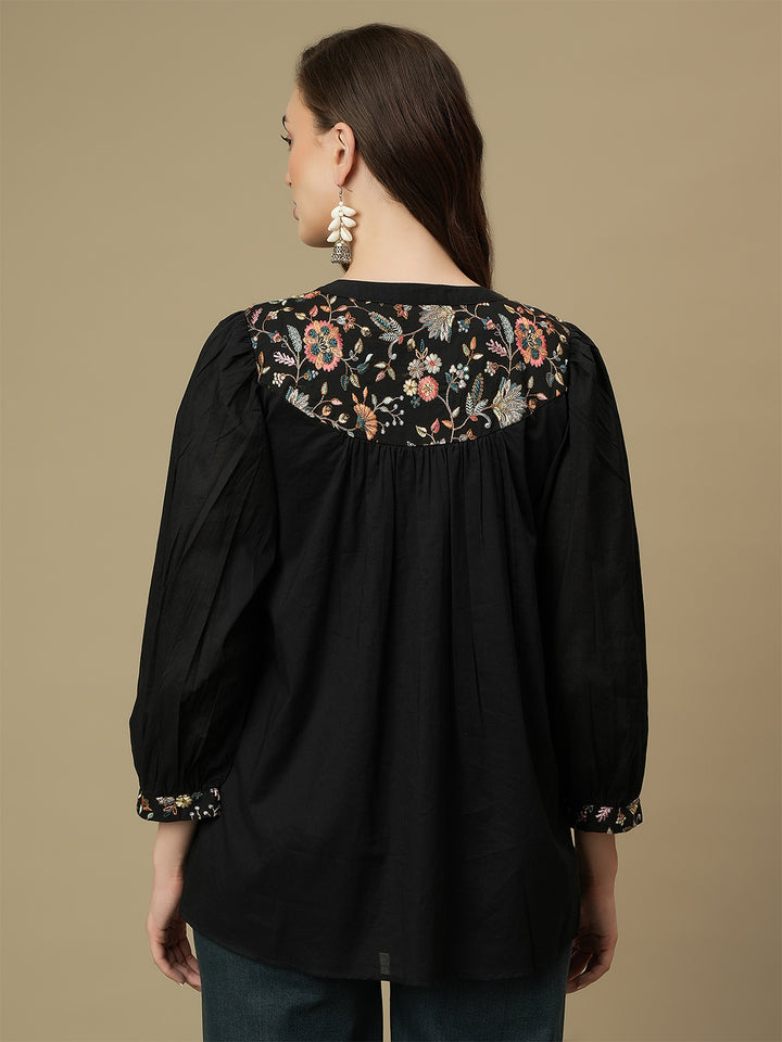 Maternity Embroidered Black Cotton Tunic Top