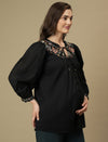 Maternity Embroidered Black Cotton Tunic Top