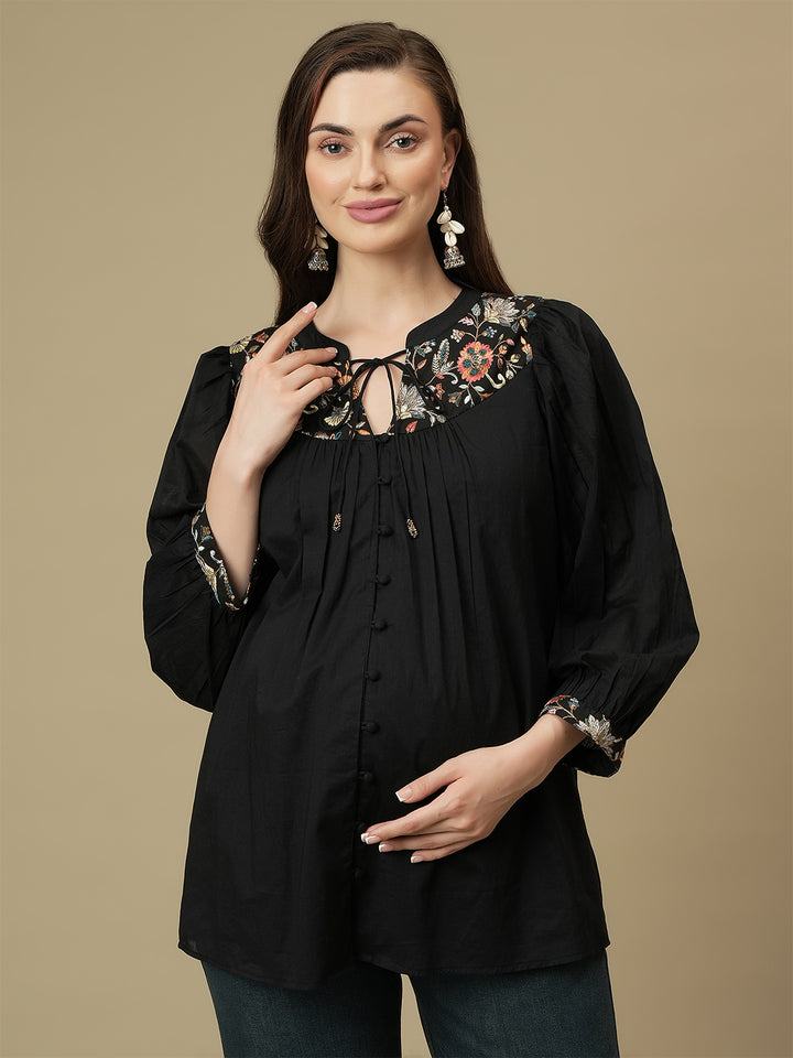 Maternity Embroidered Black Cotton Tunic Top