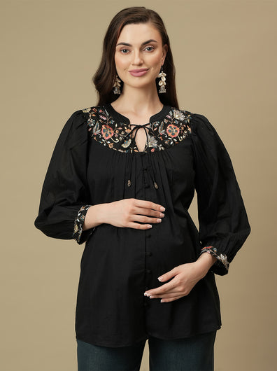 Maternity Embroidered Black Cotton Tunic Top