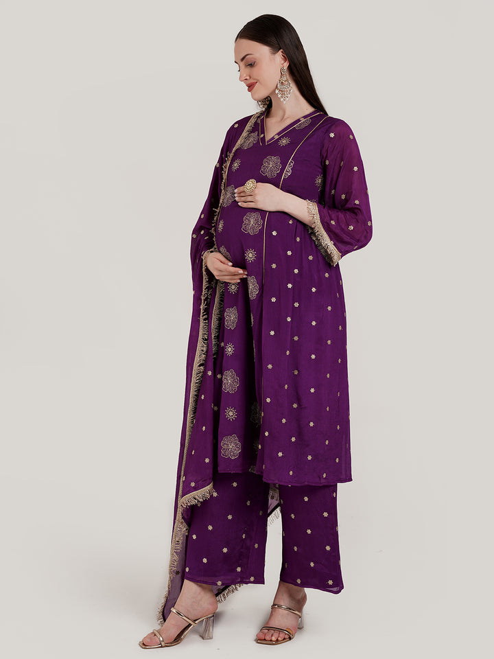 3pc. Maternity Embroidery Kurta + Palazzo Set