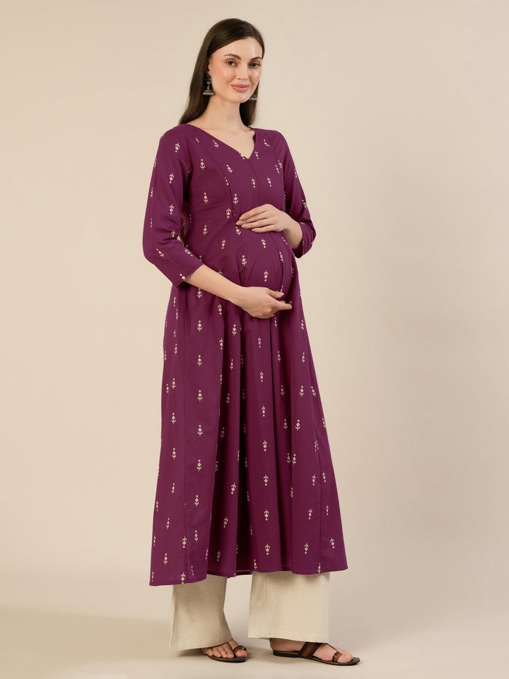 Maternity & Nursing Ethnic Print Cotton Long Kurta with Dupatta