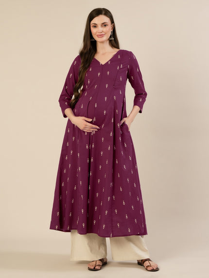 Maternity & Nursing Ethnic Print Cotton Long Kurta with Dupatta