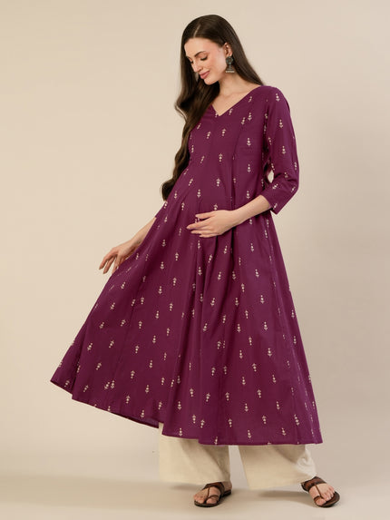 Maternity & Nursing Ethnic Print Cotton Long Kurta with Dupatta