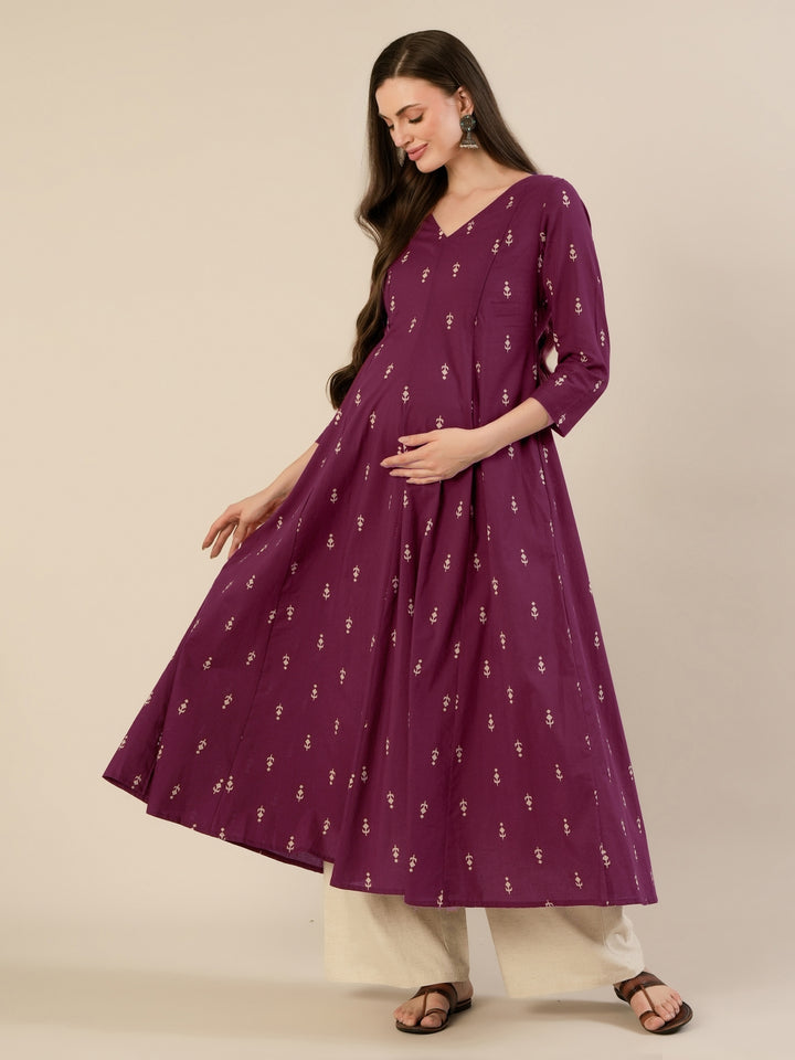 Maternity & Nursing Ethnic Print Cotton Long Kurta with Dupatta