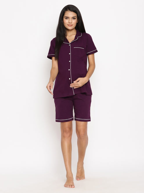 Maternity Night Suit Shorts Set- Purple