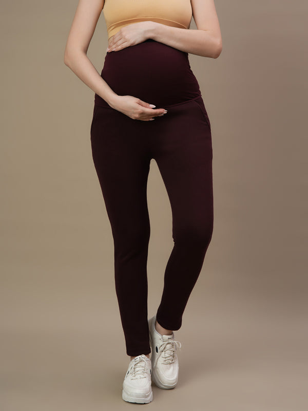 Maternity Fleece-lined Winter Leggings- Wine Berry