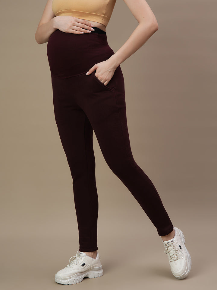 Maternity Fleece-lined Winter Leggings- Wine Berry