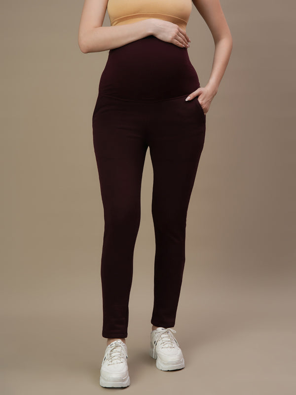 Maternity Fleece-lined Winter Leggings- Wine Berry