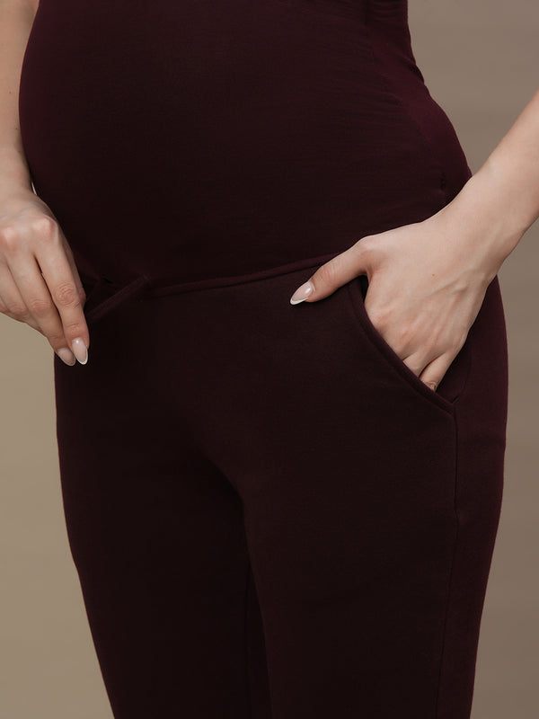 Maternity Fleece-lined Winter Leggings- Wine Berry