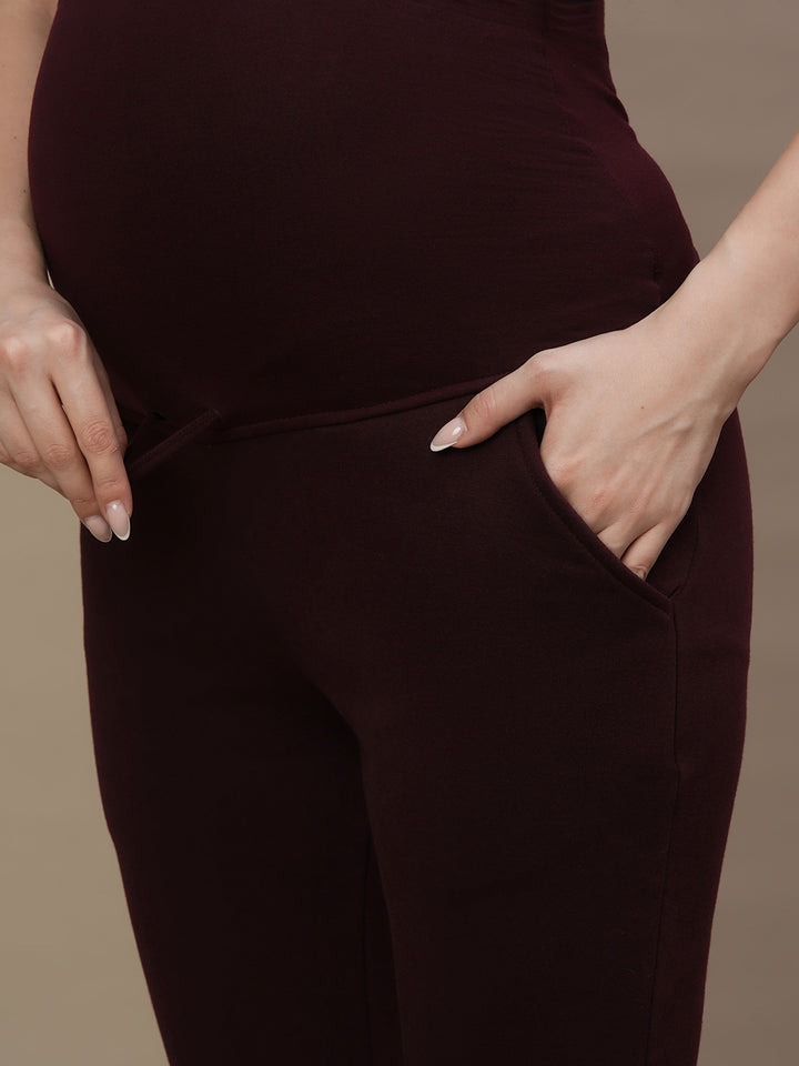 Maternity Fleece-lined Winter Leggings- Wine Berry