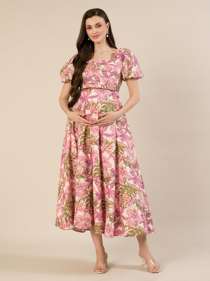 Maternity & Nursing Pink Floral Linen Midi Dress