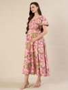 Maternity & Nursing Pink Floral Linen Midi Dress