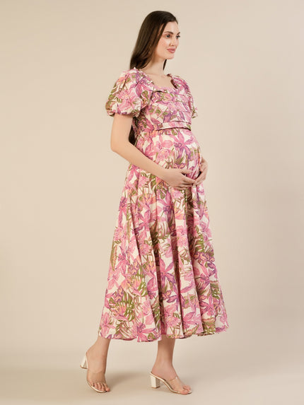 Maternity & Nursing Pink Floral Linen Midi Dress