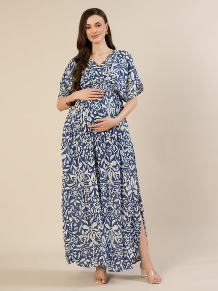 Maternity & Nursing Floral White Blue Maxi Kaftan Dress