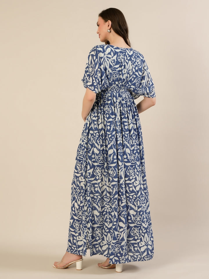 Maternity & Nursing Floral White Blue Maxi Kaftan Dress