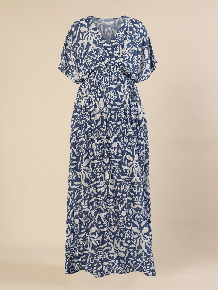 Maternity & Nursing Floral White Blue Maxi Kaftan Dress