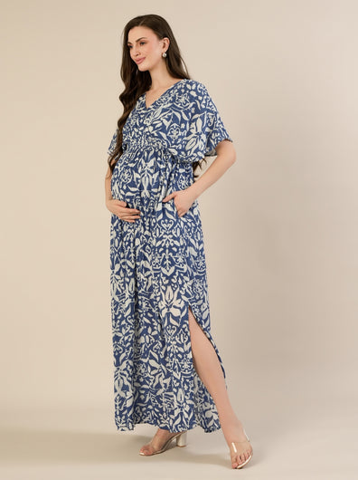 Maternity & Nursing Floral White Blue Maxi Kaftan Dress