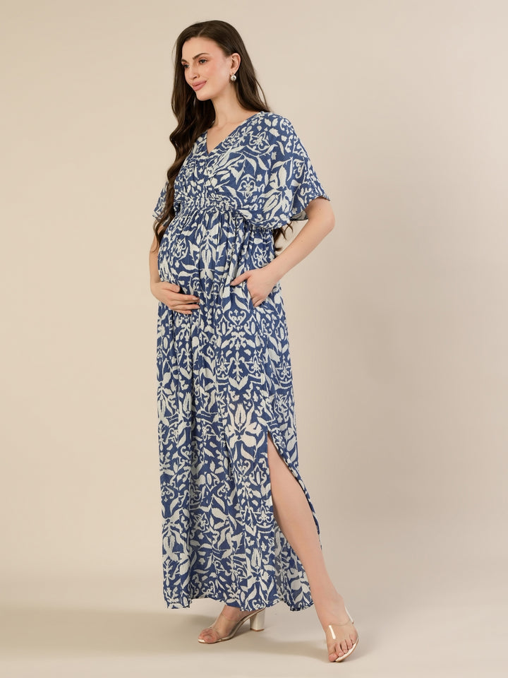 Maternity & Nursing Floral White Blue Maxi Kaftan Dress