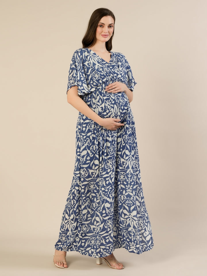 Maternity & Nursing Floral White Blue Maxi Kaftan Dress