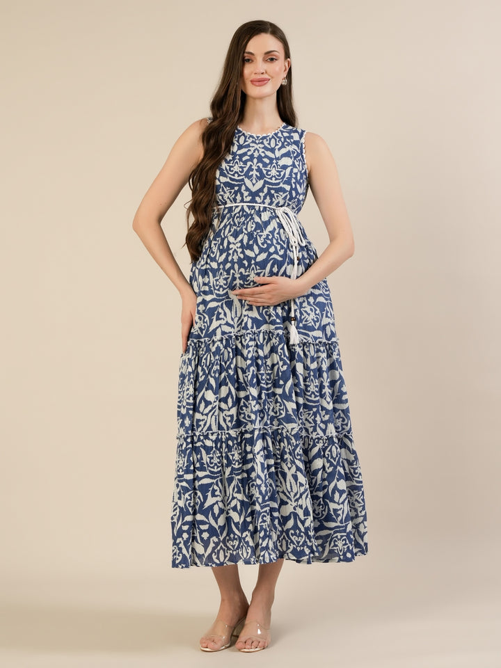 Maternity & Nursing Blue Floral Sleeveless Tiered Maxi Dress