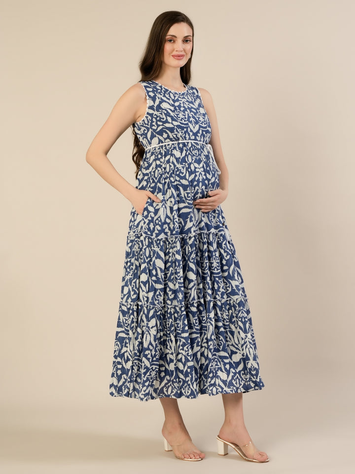 Maternity & Nursing Blue Floral Sleeveless Tiered Maxi Dress