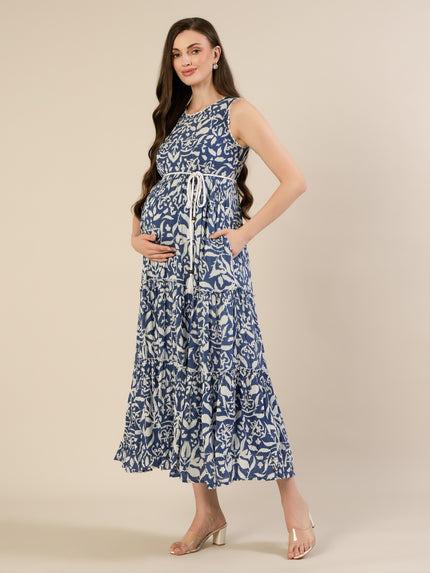 Maternity & Nursing Blue Floral Sleeveless Tiered Maxi Dress
