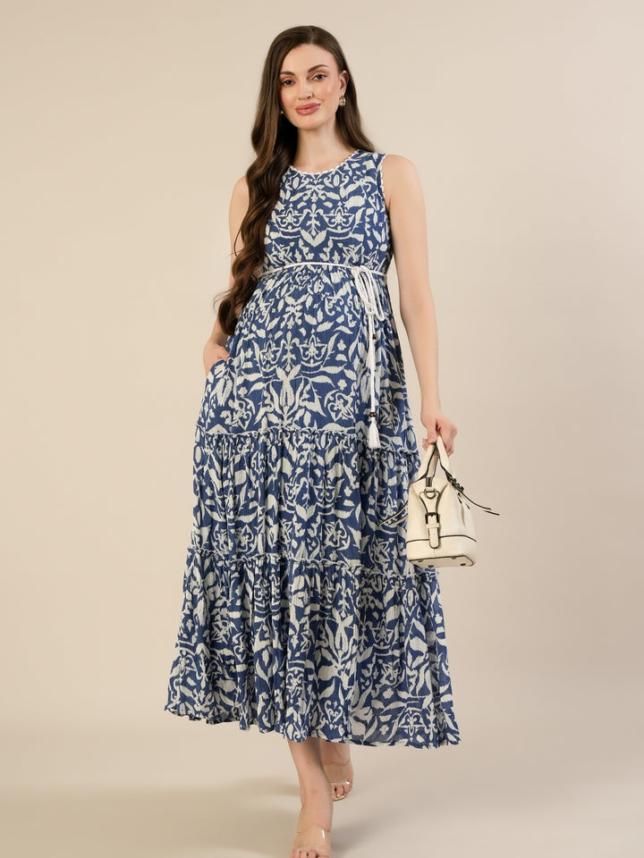 Maternity & Nursing Blue Floral Sleeveless Tiered Maxi Dress