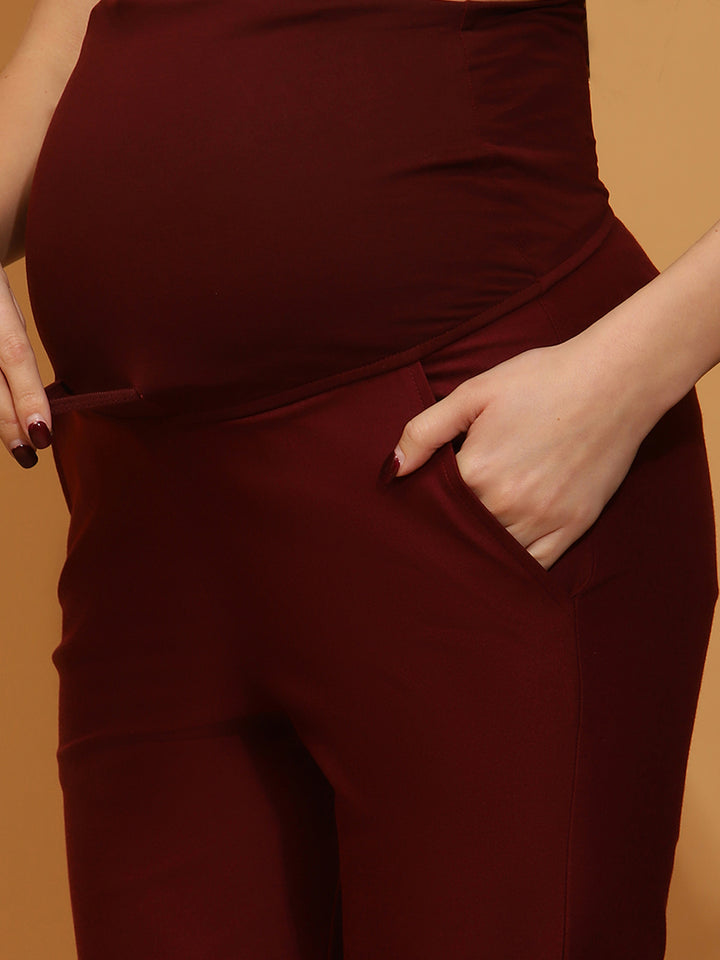 Stretchy Cotton Maternity Formal Pants- Burgundy