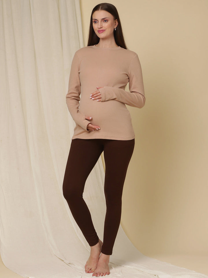 Maternity French Terry Leggings- Brown