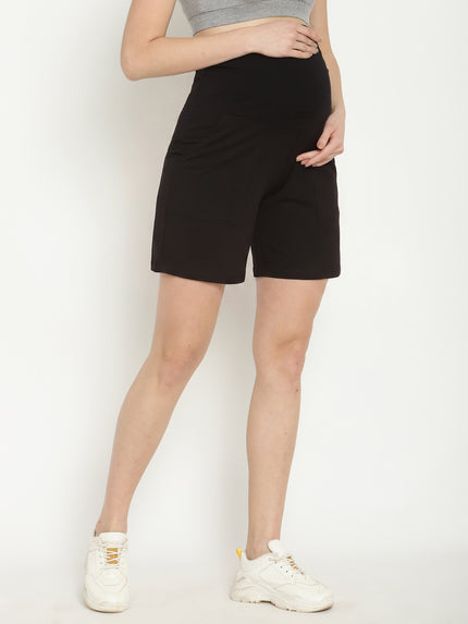 Maternity High-rise Over-belly Shorts with Adjustable Drawstring- Black