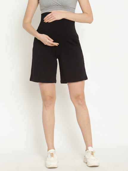 Maternity High-rise Over-belly Shorts with Adjustable Drawstring- Black
