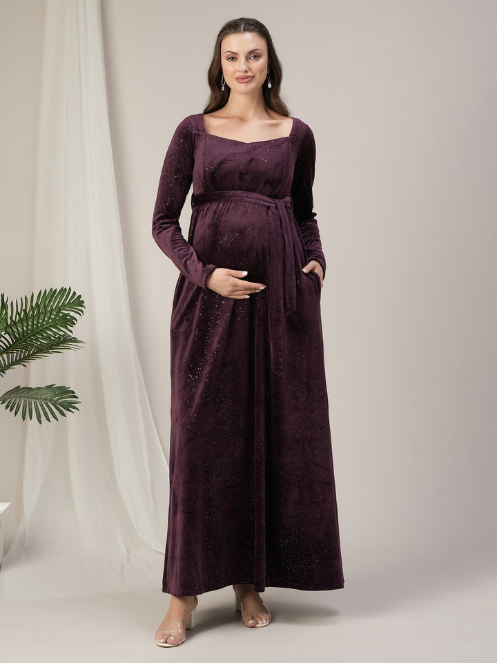 Maternity & Nursing Purple Glitter Velvet Maxi Dress