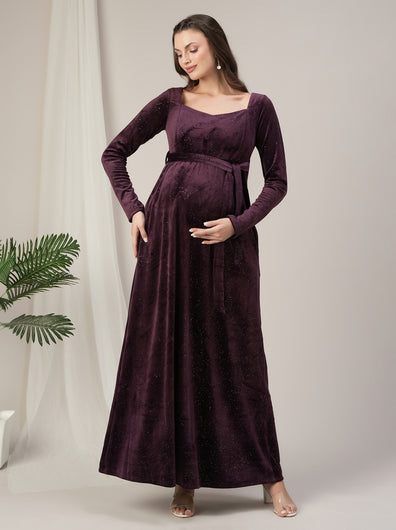 Maternity & Nursing Purple Glitter Velvet Maxi Dress
