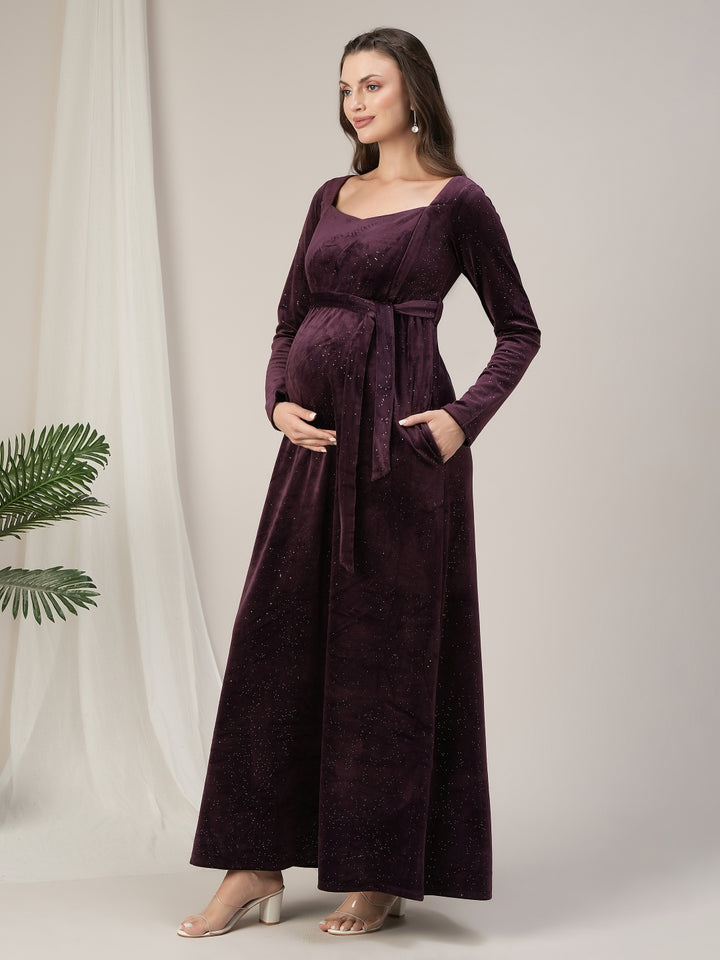 Maternity & Nursing Purple Glitter Velvet Maxi Dress