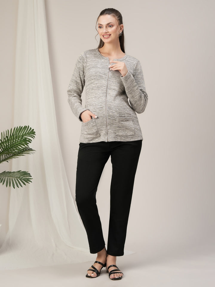 Winter Maternity & Nursing Glitter Woolen Cardigan