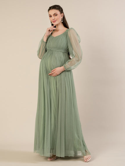 Maternity Green Tulle Gown with Detachable Train
