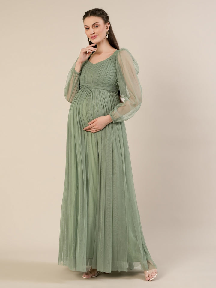 Maternity Green Tulle Gown with Detachable Train