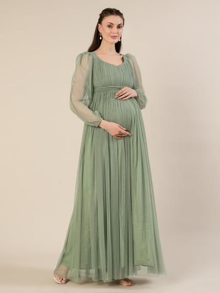 Maternity Green Tulle Gown with Detachable Train