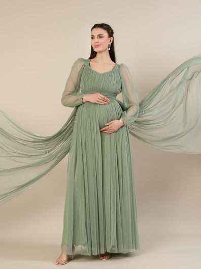 Maternity Green Tulle Gown with Detachable Train