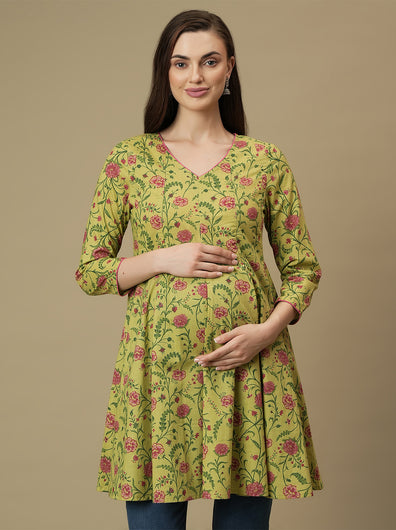 Maternity Green Short Cotton Kurti Tunic Top