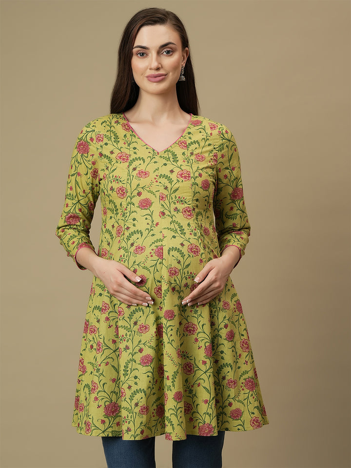 Maternity Green Short Cotton Kurti Tunic Top