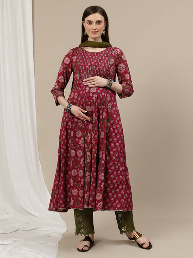 Maternity Cotton Anarkali Kurta + Dupatta